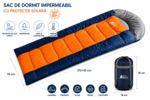 Sac de dormit impermeabil, cu Protectie Solara (UPF50+), Dimensiune 170+30x70cm, Bleu-Portocaliu - Img 3