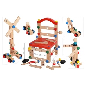 Scaunel de construit si centru de activitati, din lemn, pentru copii 3 ani+, 37.5 x 23.5 x 25.6 cm, multicolor - Img 5