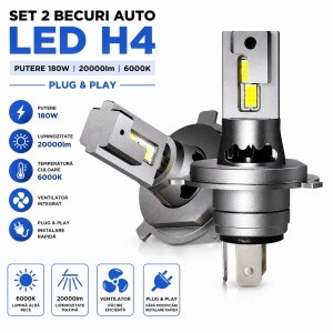 Set 2 Becuri Auto LED H4 cu ventilator, Putere 180W 20000lm 6000k, Plug & Play - Img 2