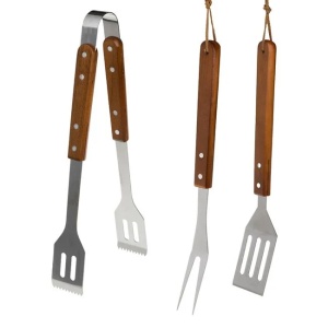 Set 3 ustensile pentru gratar din otel inoxidabil cu maner din lemn, Cleste, Furculita si Spatula