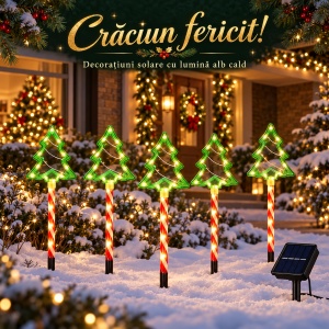 Set 5 x Acadele luminoase cu bradut, Decoratiune de Craciun pentru exterior, Incarcare solara, Dimensiune 40 cm, Alb Cald - Img 2