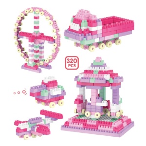 Set blocuri de construit cu 320 piese, pentru copii de 2 ani+, 24x21x18cm, Roz - Img 6