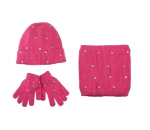 Set Caciula cu Fular Circular si Manusi, strasuri si captuseala fleece, 6 ani, fucsia - Img 1