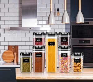 Set cu 7 cutii ermetice pentru alimente, design stivuibil, plastic, capac negru, recipient transparent - Img 2