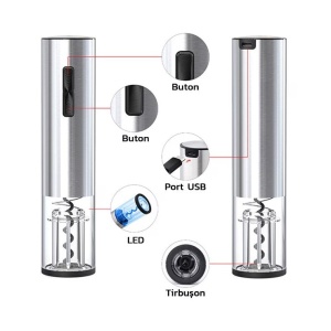 Set cu tirbuson electric si cutter pentru vin, Incarcare USB, Argintiu - Img 4