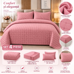 Set Cuvertură Pat Matrimonial 4 Piese Bumbac, Cuvertură 230x240 cm, Cearșaf cu Elastic 180x200cm, 2 Fețe de Pernă 55x80cm,Culoare Roz Pudrat - Img 3