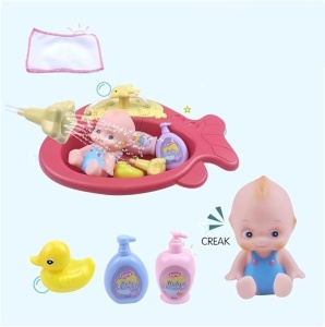 Set de joaca pentru copii 3+ ani, cu cadita in forma de peste, bebelus si accesorii baie, stropeste cu apa, 34x34 cm, multicolor - Img 2