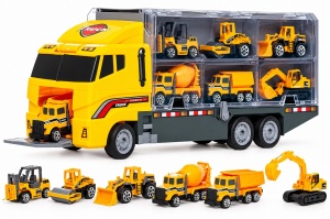 Set de Joaca Tir Transportator cu 6 Utilaje de Constructii, Camioane si Masinute de Santier