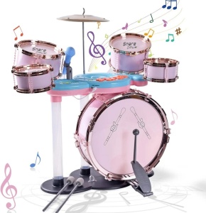 Set de tobe de jazz pentru copii cu muzica si scaunel, roz/verde - Img 2