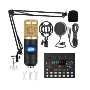 Set microfon condensator cu placa de sunet mixer, negru-auriu - Img 1