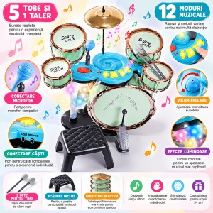 Set Tobe Jazz pentru Copii, 5 Tobe, 12 Moduri Muzicale, Lumini, Conectare Microfon și Căști, Volum Reglabil, Scăunel și Bețe, 3 Ani+, Roz/Verde - Img 5