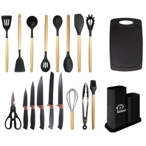 Set ustensile bucatarie Welora 19 piese Lemn si Silicon alimentar, Cutite, Tocator, Termorezistente, Antiaderente, Suport Blat, Negru/Gri/Turcoaz - Img 1