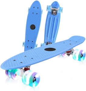 Skateboard cu Lumini, pentru copii de 4 ani+, rulmenti ABEC-7, roti din silicon, 55 x 14.5 cm, Albastru/Rosu - Img 1