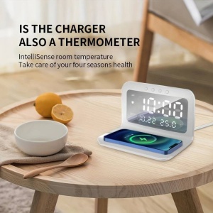 Statie de incarcare wireless rapida 3 in 1, Display LCD, Ceas, alarma si temperaura, alimentare USB - Img 3