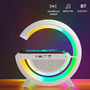 Statie incarcare wireless multifunctionala cu Lampa LED RGB, Boxa Bluetooth, Ceas - Img 1
