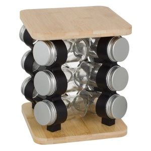Suport rotativ pentru condimente, din lemn, cu 12 recipiente din sticla, dimensiuni 17.5x17.5x21.5cm, transparent - Img 2