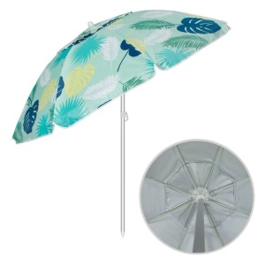 Umbrela de Plaja Anti Vant, Model Frunze Tropicale, UPF 50+, Cadru din Aluminiu, Ø2m, Verde - Img 1