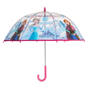 Umbrela de ploaie pentru copii Frozen, lungime 64 cm, transparenta, deschidere manuala, maner tip baston, fucsia
