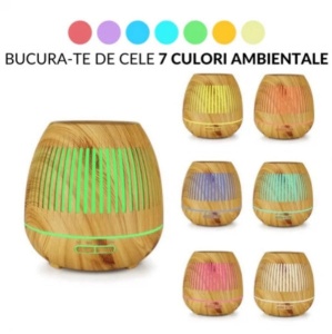 Umidificator difuzor aromaterapie cu uleiuri esentiale 400ml, LED 7 culori, timer, ultrasunete, de culoarea lemnului - Img 2