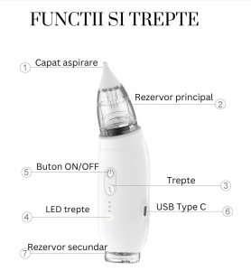 Aspirator nazal pentru copii si bebelusi, Putere de aspirare 70 kpa, Auto-curatare, 3 viteze, 2 capete, Alb - Img 5