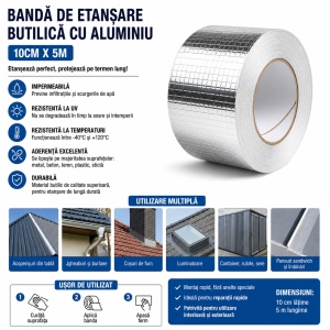 Banda de etansare butilica cu aluminiu 10cm x 5m, Autoadeziva, Impermeabila, Rezistentă la UV si intemperii - Img 3