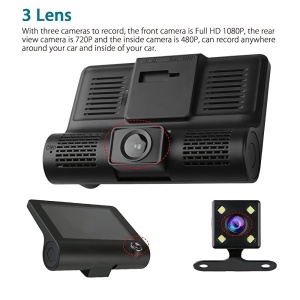 Camera auto cu ecran de 4 inchi, HD 1080px, cu 2 camere frontale si 1 camera marsarier, senzor de miscare si impact, port USB, micofon, negru - Img 5