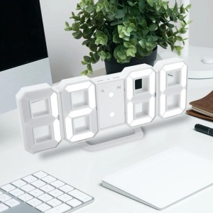 Ceas digital 3D iluminat LED, Pentru birou sau perete, Alb - Img 2