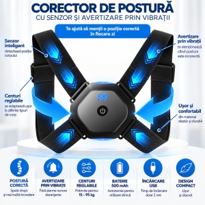 Corector de postura electronic unisex cu senzor si avertizare prin vibratii, Centuri elastice reglabile, Incarcare USB - Img 2