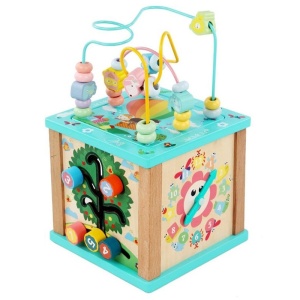 Cub Logic din lemn cu centru de activitati, Multifunctional 5 in 1, pentru copii 3 ani+