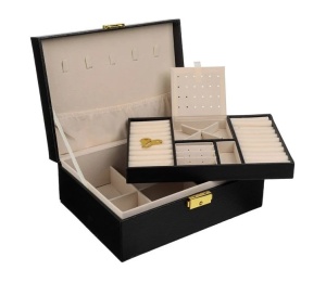 Cutie organizator pentru bijuterii cu 2 nivele si lacat, Dimensiune 23x17x9cm, Negru - Img 2