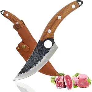 Cutit Japonez din Otel Inoxidabil, Forjat Manual, Husa Piele Ecologica, Maner Ergonomic din Lemn, Lama de 15cm, Maro - Img 6