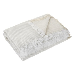 Cuvertura decorativa pentru canapea cu patru locuri, Model cu franjuri albe, Dimensiune 340x180 cm, Crem - Img 2