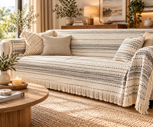 Cuvertura decorativa pentru canapea cu trei locuri, Model cu franjuri scurte si dungi, Dimensiune 280x180 cm, Ecru