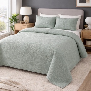 Cuvertura pentru pat dublu cu doua fete, Model frunze, Dimensiune 220x240 cm, Culoare verde menta
