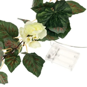 Ghirlanda decorativa cu flori albe si frunze verzi artificiale, decorata cu lumini LED, 180 cm, alb/verde - Img 3