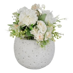 Ghiveci decorativ din ciment, cu floare artificiala, Ø15x22cm, alb/somon - Img 1