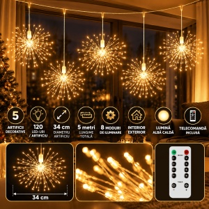 Instalatie LED cu 5 Artificii Decorative, Lungime 5m, 600 LED, 8 Moduri de Iluminare, Interior/Exterior, IP44, Alb Cald/Alb Rece/Multicolor - Img 3