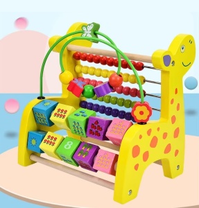 Jucarie Educativa din Lemn, cu Numaratoare, Cuburi, Labirint cu Bile, 3 in 1, Montessori, 21x15x21 cm, Galben - Img 1