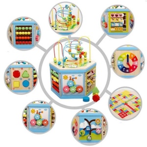 Jucarie educativa din lemn, Montessori, Hexagon cu activitati, 8 in 1, copii 1-6 ani, 30x38 cm, multicolor - Img 3