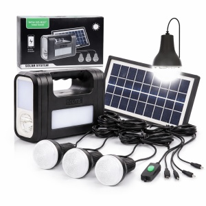 Kit sistem iluminare Solara portabil GD-Lite 8017 cu 4 Becuri LED, Acumulator integrat, USB, Ideal pentru camping si urgente