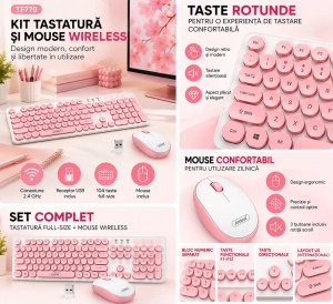 Kit Tastatura si Mouse Wireless TF770, 2.4 GHz, Receptor USB, Tastatura Full-Size 104 Taste, Taste Rotunde, Layout US, Roz/Alb - Img 2