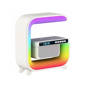 Lampa Smart LED RGB cu difuzor Bluetooth, Incarcare Wireless 15 W pentru Mobil, Ceas, Lumina Ambientala, Alarma, Alb - Img 6