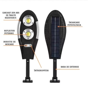 Lampa solara stradala cu telecomanda, Jortan, 100W, IP65, senzor miscare, 6500k, 1000lm, 47x15x29cm, negru - Img 5
