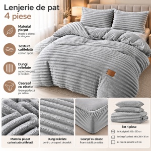 Lenjerie de Pat Matrimonială, 4 Piese, Material Plușat cu Textură Catifelată, Model cu Dungi Reliefate, Cearșaf cu Elastic, Culoare Gri - Img 2