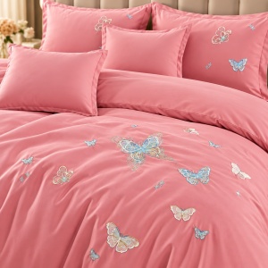 Lenjerie de Pat Matrimonială din Bumbac Satinat, 6 Piese, Cearșaf cu Elastic, Broderie Fluturi,Culoare Roz - Img 3