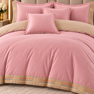 Lenjerie de pat premium cu broderie aurie, Bumbac, 6 piese, Husa pilota 200×230 cm, Cearșaf 230×250 cm, 4 fete de perna, Culoare Roz pudrat