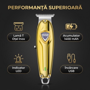 Masina de contur profesionala VGR V-188, Acumulator Li-Ion 1400 mAh, 240 minute autonomie, Lama T din otel inoxidabil, USB, Auriu - Img 2