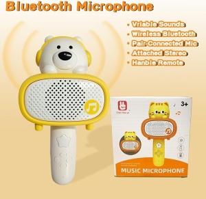 Microfon si difuzor pentru karaoke, pentru copii 3 ani+, Bluetooth, Plastic, Alb-Galben - Img 5