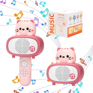 Microfon si difuzor pentru karaoke, pentru copii 3 ani+, Bluetooth, Plastic, Alb-Roz