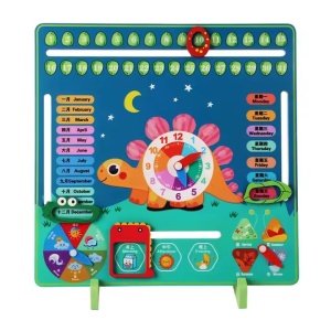 Panou educativ cu Ceas si Calendar din lemn, model Dinozaur, pentru copii 3 ani+